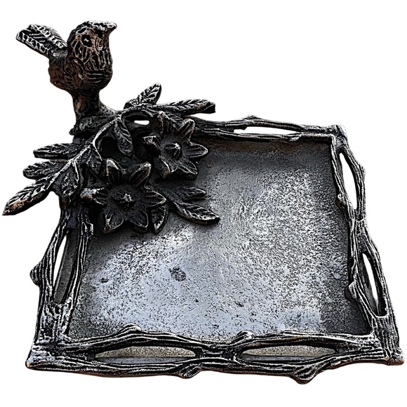 Silver Tone Metal Floral Bird  Serving Trinket Tray Plate 6”x 6” - Picture 1 of 9